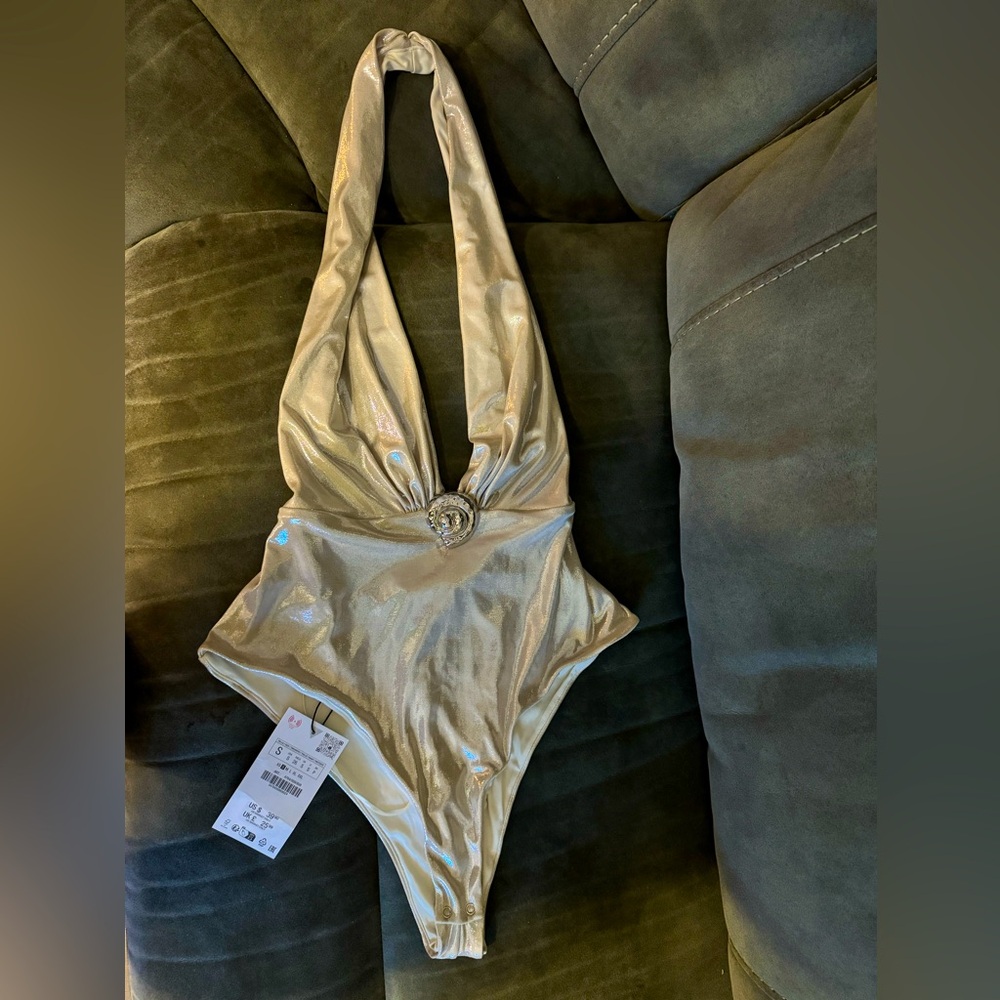Zara Silver Metallic Bodysuit Small
